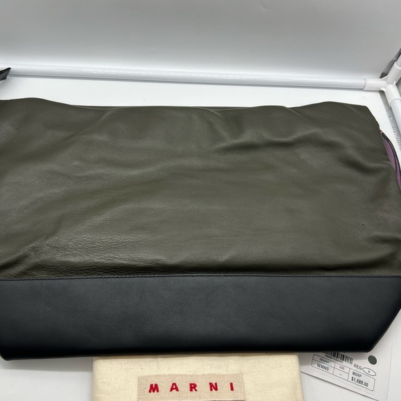NWT MARNI Leather Forest Green Black Colorblock Pouch Oversized Clutch Bag - Picture 3 of 10